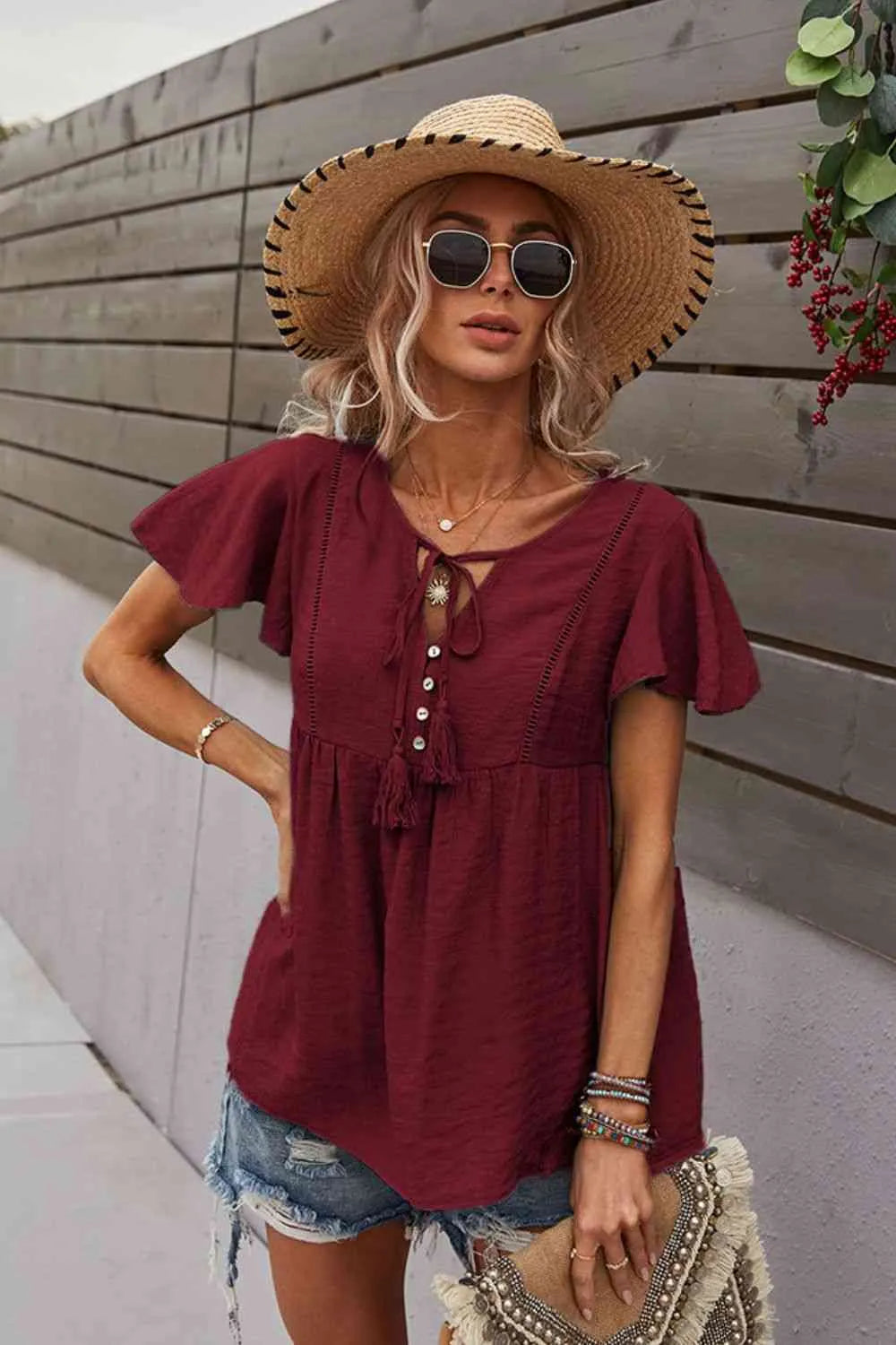 Tie Neck Flutter Sleeve Babydoll Top Wine Blouses - Tophatter Daily Deals