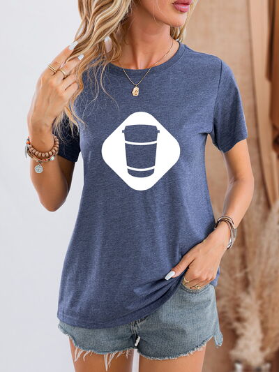 Graphic Round Neck Short Sleeve T-Shirt Dusty Blue Women's T-Shirts - Tophatter Daily Deals