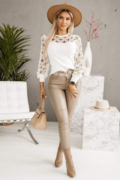 Hollowed Floral Lace Spliced Long Sleeve Blouse Blouses - Tophatter Daily Deals