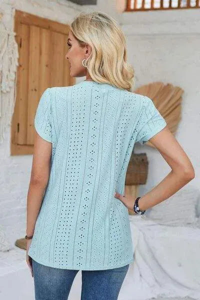 Decorative Button Eyelet V-Neck Short Sleeve T-Shirt Women's T-Shirts - Tophatter Daily Deals