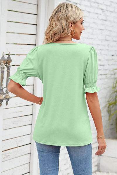 Smocked Square Neck Short Sleeve T-Shirt Women's T-Shirts - Tophatter Daily Deals