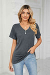 Decorative Button V-Neck T-Shirt Dark Gray Women's T-Shirts - Tophatter Daily Deals