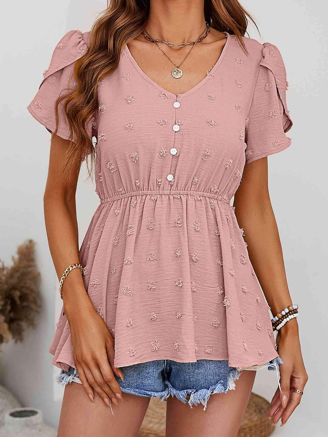 Swiss Dot Buttoned Petal Sleeve Peplum Blouse Dusty Pink Blouses - Tophatter Daily Deals