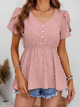 Swiss Dot Buttoned Petal Sleeve Peplum Blouse Dusty Pink Blouses - Tophatter Daily Deals