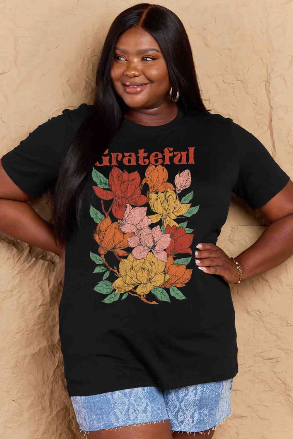 Simply Love Full Size GRATEFUL Flower Graphic Cotton T-Shirt Black Women's T-Shirts - Tophatter Daily Deals