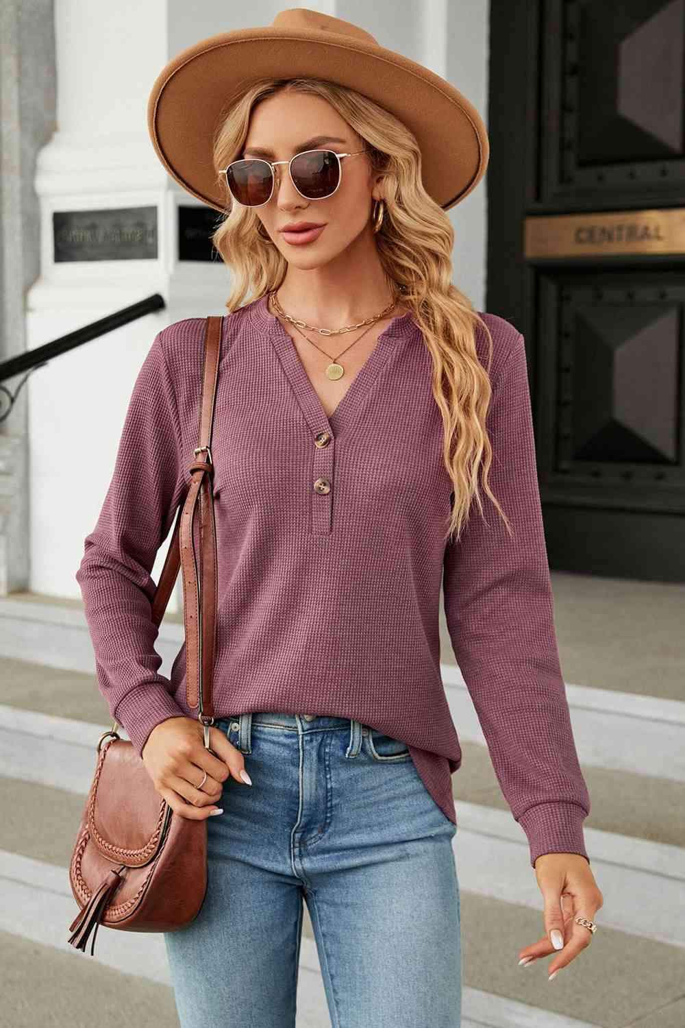 V-Neck Long Sleeve Blouse Moonlit Mauve Blouses - Tophatter Daily Deals