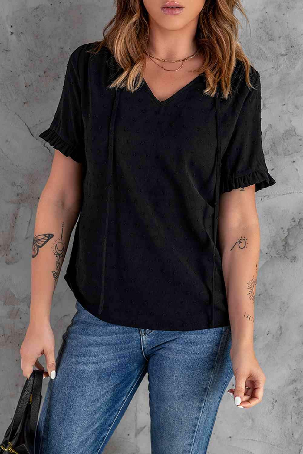 Swiss Dot Flounce Sleeve V-Neck Top Black Blouses - Tophatter Daily Deals