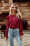 Ruffled Round Neck Long Sleeve Top Deep Red Blouses - Tophatter Daily Deals