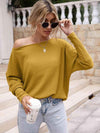 Waffle-Knit Boat Neck Long Sleeve Top Mustard Blouses - Tophatter Daily Deals