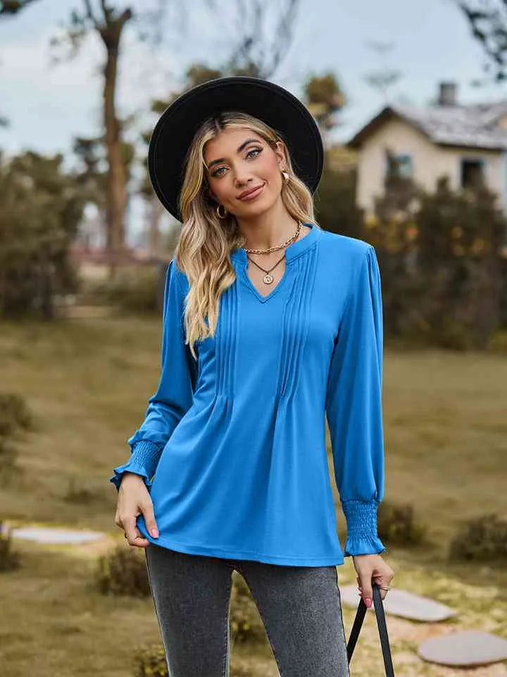 Notched Neck Flounce Sleeve Blouse Sky Blue Blouses - Tophatter Daily Deals