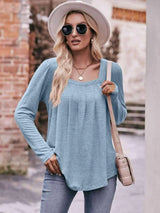 Double Take Pleated Detail Curved Hem Long Sleeve Top Pastel Blue Blouses - Tophatter Daily Deals