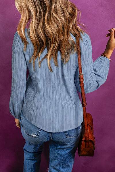 Texture Buttoned V-Neck Long Sleeve Blouse Blouses - Tophatter Daily Deals