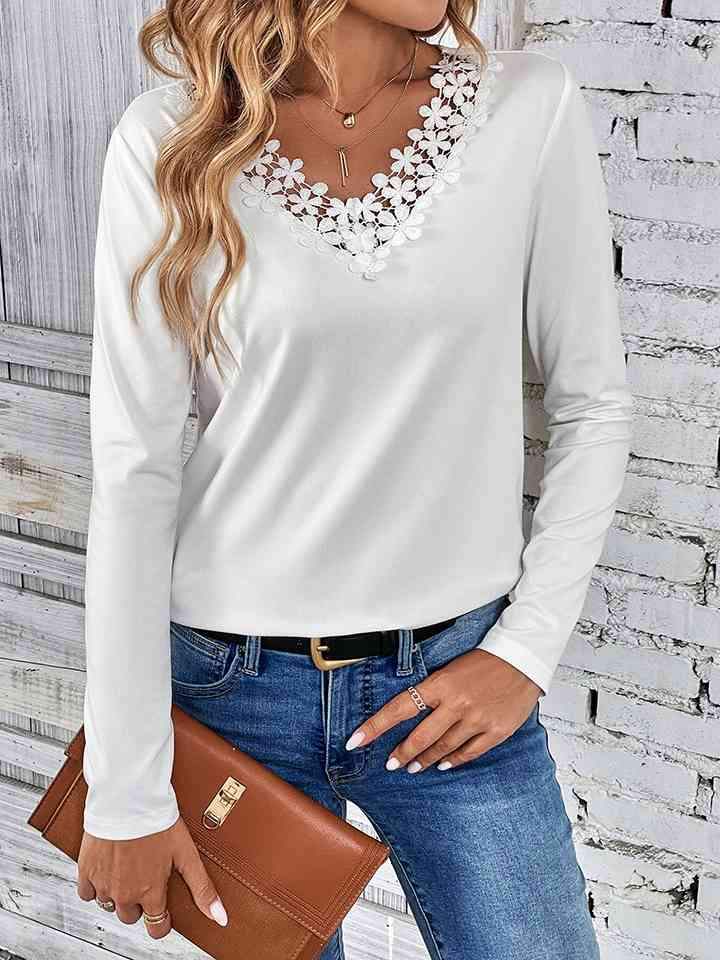 Lace Trim V-Neck T-Shirt White Women's T-Shirts - Tophatter Daily Deals