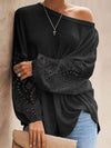 Openwork Dropped Shoulder Boat Neck Blouse Black Blouses - Tophatter Daily Deals