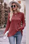 Double Take Ribbed Round Neck Buttoned Long Sleeve Tee Wine Women's T-Shirts - Tophatter Daily Deals