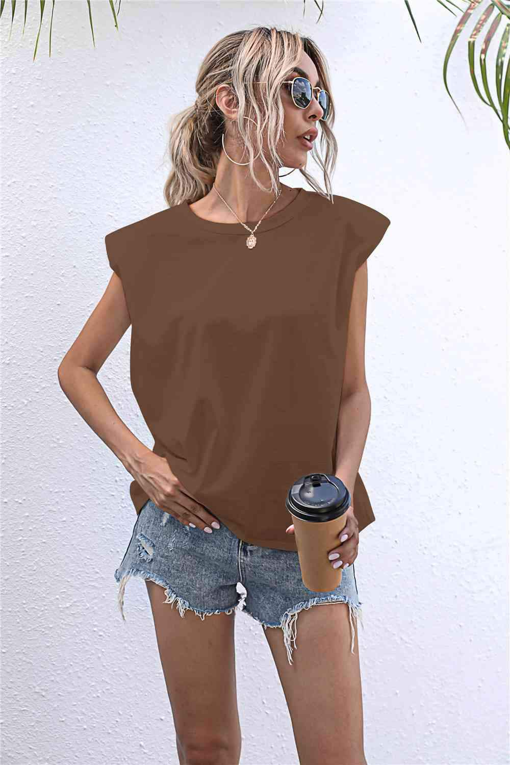 Round Neck Cap Sleeve Tee Chestnut Women's T-Shirts - Tophatter Daily Deals