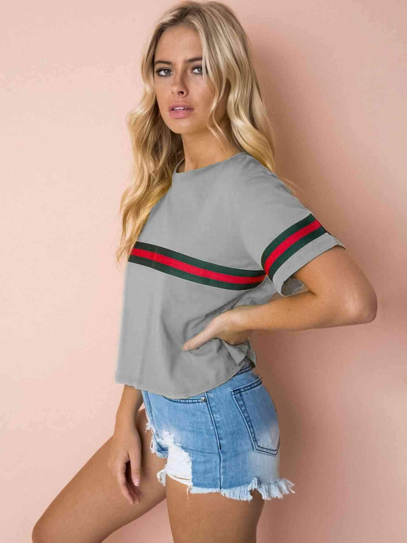 Contrast Round Neck Short Sleeve Tee Women's T-Shirts - Tophatter Daily Deals