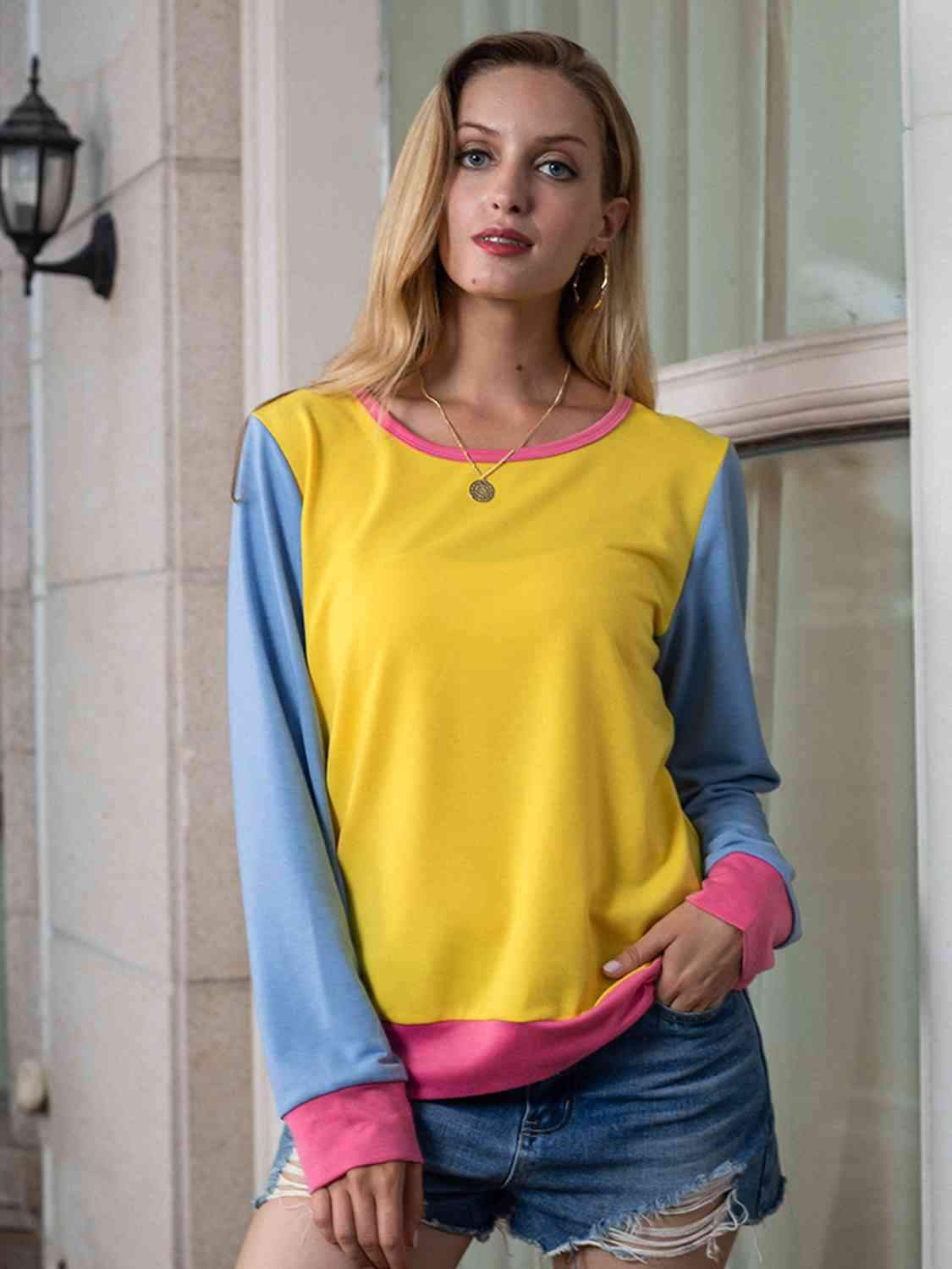 Contrast Round Neck Long Sleeve Top Banana Yellow Women's T-Shirts - Tophatter Daily Deals