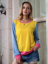 Contrast Round Neck Long Sleeve Top Banana Yellow Women's T-Shirts - Tophatter Daily Deals