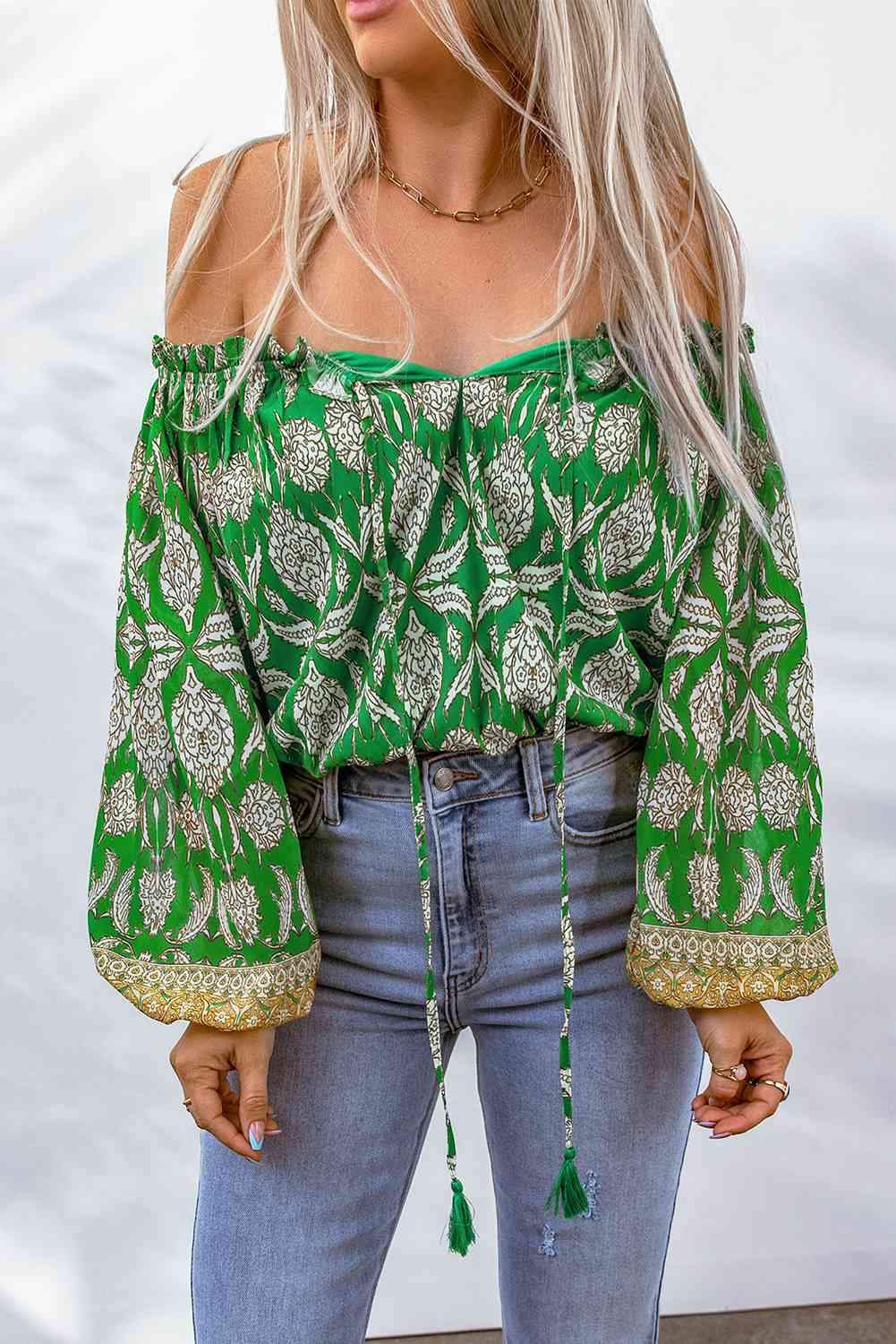 Printed Tassel Tie Balloon Sleeve Blouse Green Blouses - Tophatter Daily Deals