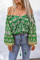 Printed Tassel Tie Balloon Sleeve Blouse Green Blouses - Tophatter Daily Deals