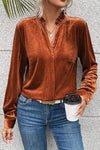 Notched Frill Detail Long Sleeve Blouse Blouses - Tophatter Daily Deals