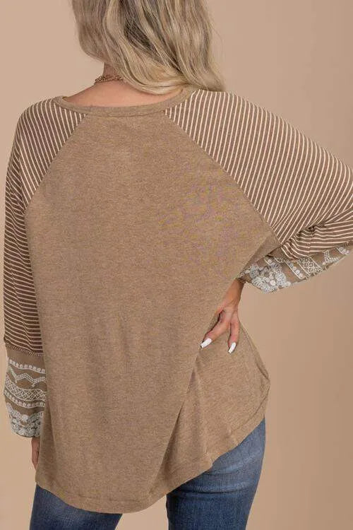 Striped Round Neck Long Sleeve Blouse Blouses - Tophatter Daily Deals
