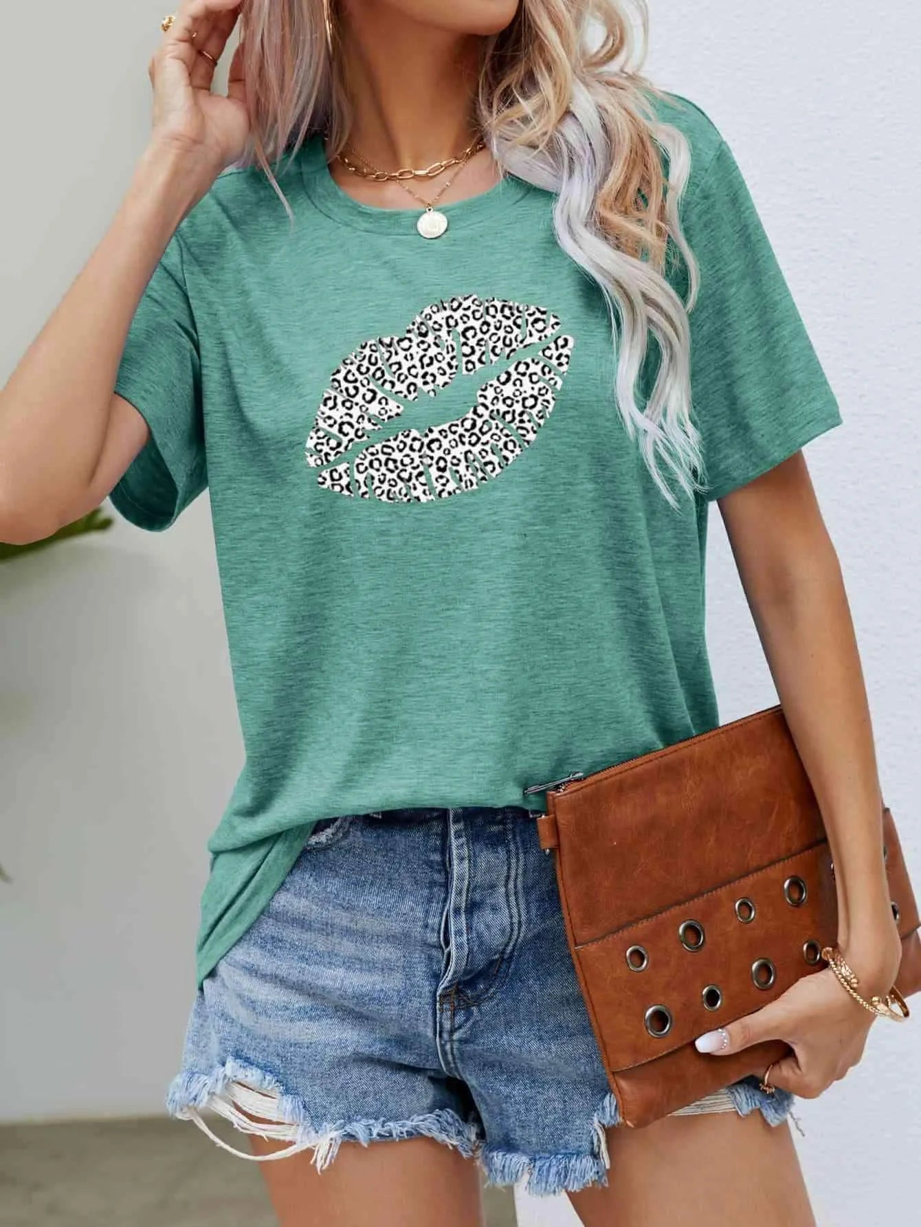 Leopard Lip Graphic Round Neck Tee Women's T-Shirts - Tophatter Daily Deals