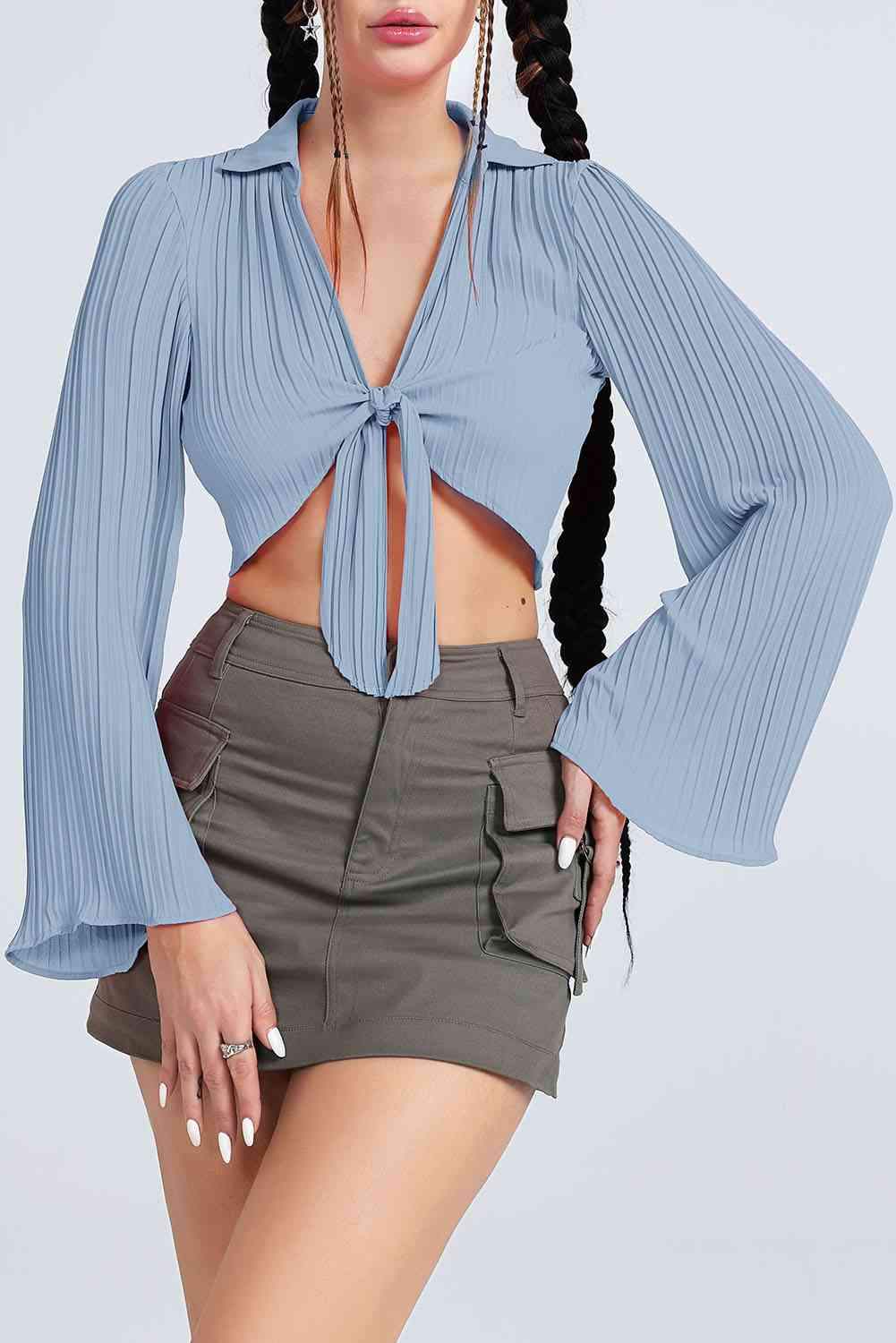 Tie Front Johnny Collar Flare Sleeve Cropped Top Blouses - Tophatter Daily Deals