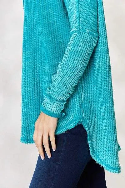 Zenana Oversized Washed Waffle Long Sleeve Top Blouses - Tophatter Daily Deals