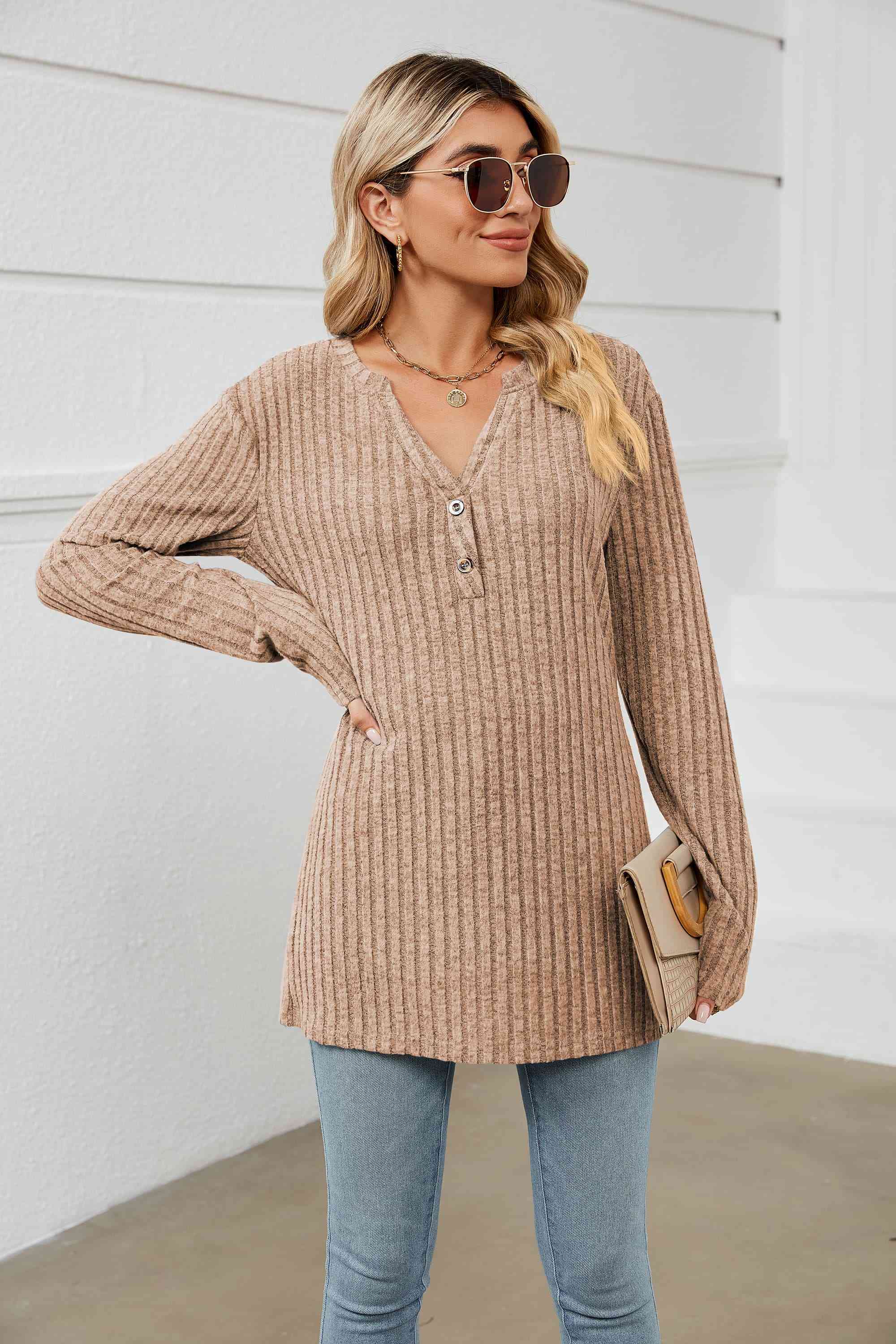 Notched Neck Ribbed Long Sleeve T-Shirt Women's T-Shirts - Tophatter Daily Deals