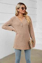 Notched Neck Ribbed Long Sleeve T-Shirt Women's T-Shirts - Tophatter Daily Deals
