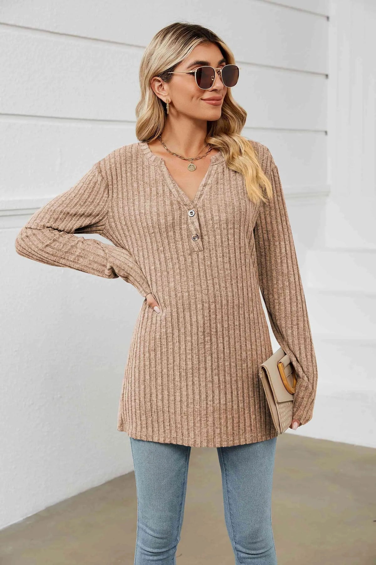 Notched Neck Ribbed Long Sleeve T-Shirt Women's T-Shirts - Tophatter Daily Deals