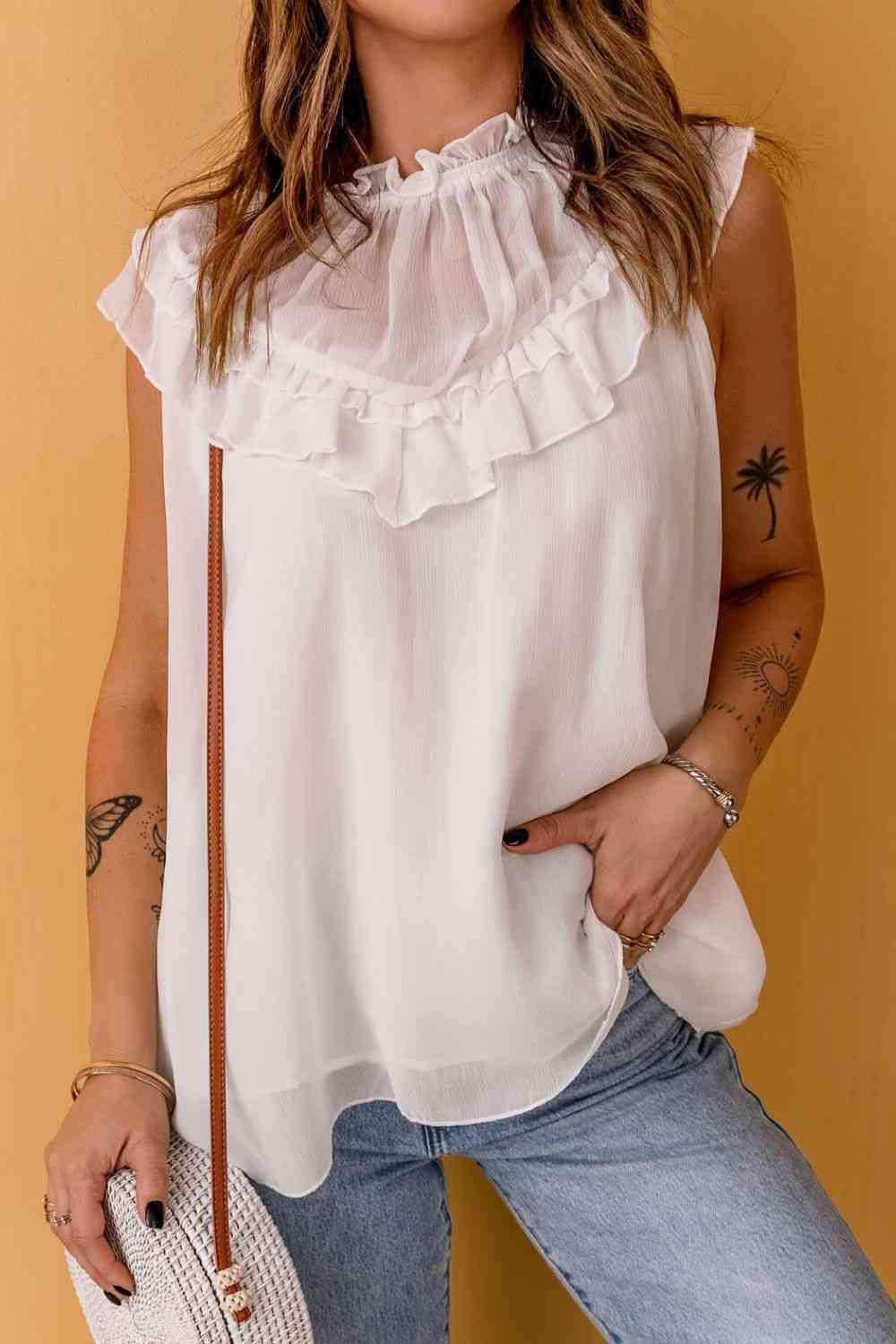 Ruffled Tulle Sleeveless Top White Blouses - Tophatter Daily Deals