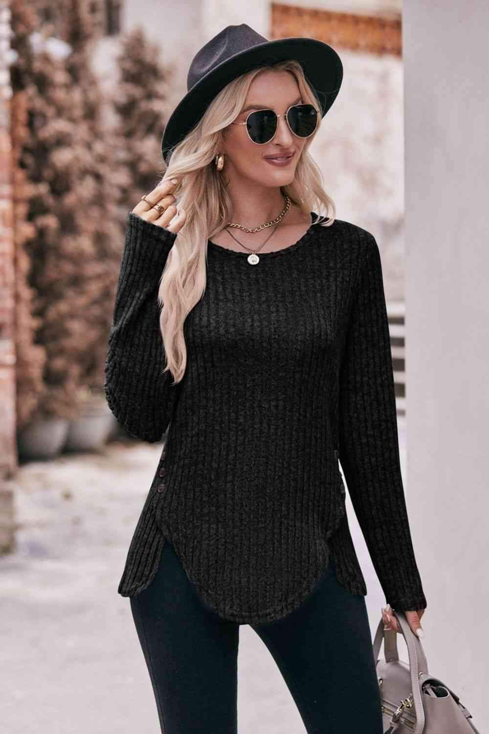 Double Take Buttoned Hem Detail Ribbed Top Women's T-Shirts - Tophatter Daily Deals