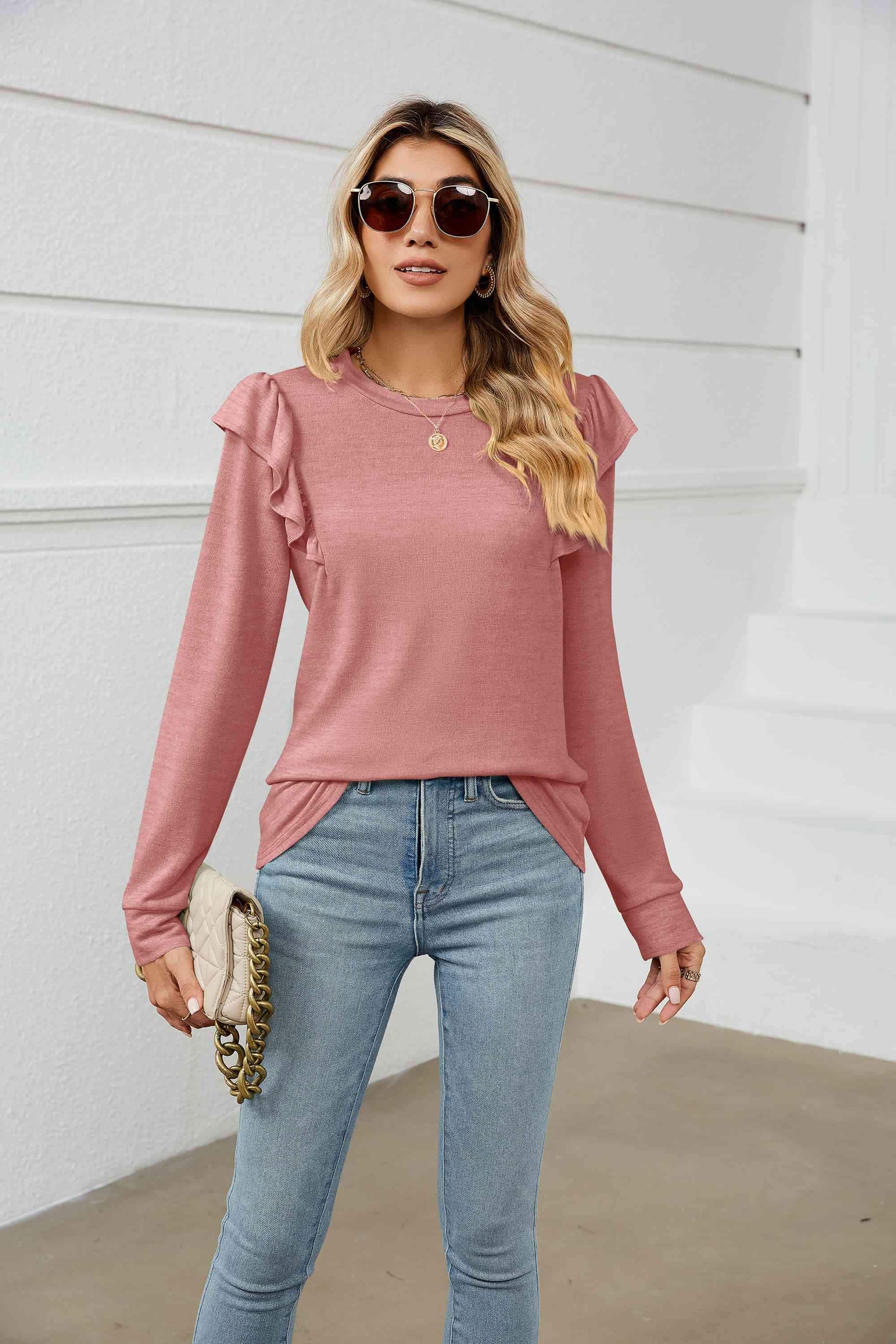 Ruffle Shoulder Long Sleeve T-Shirt Women's T-Shirts - Tophatter Daily Deals