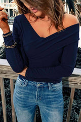 V-Neck Long Sleeve Top Indigo S Blouses - Tophatter Daily Deals