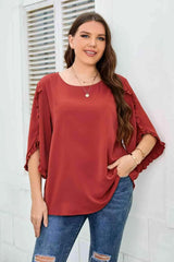 Plus Size Round Neck Frill Trim Blouse Red Orange Blouses - Tophatter Daily Deals