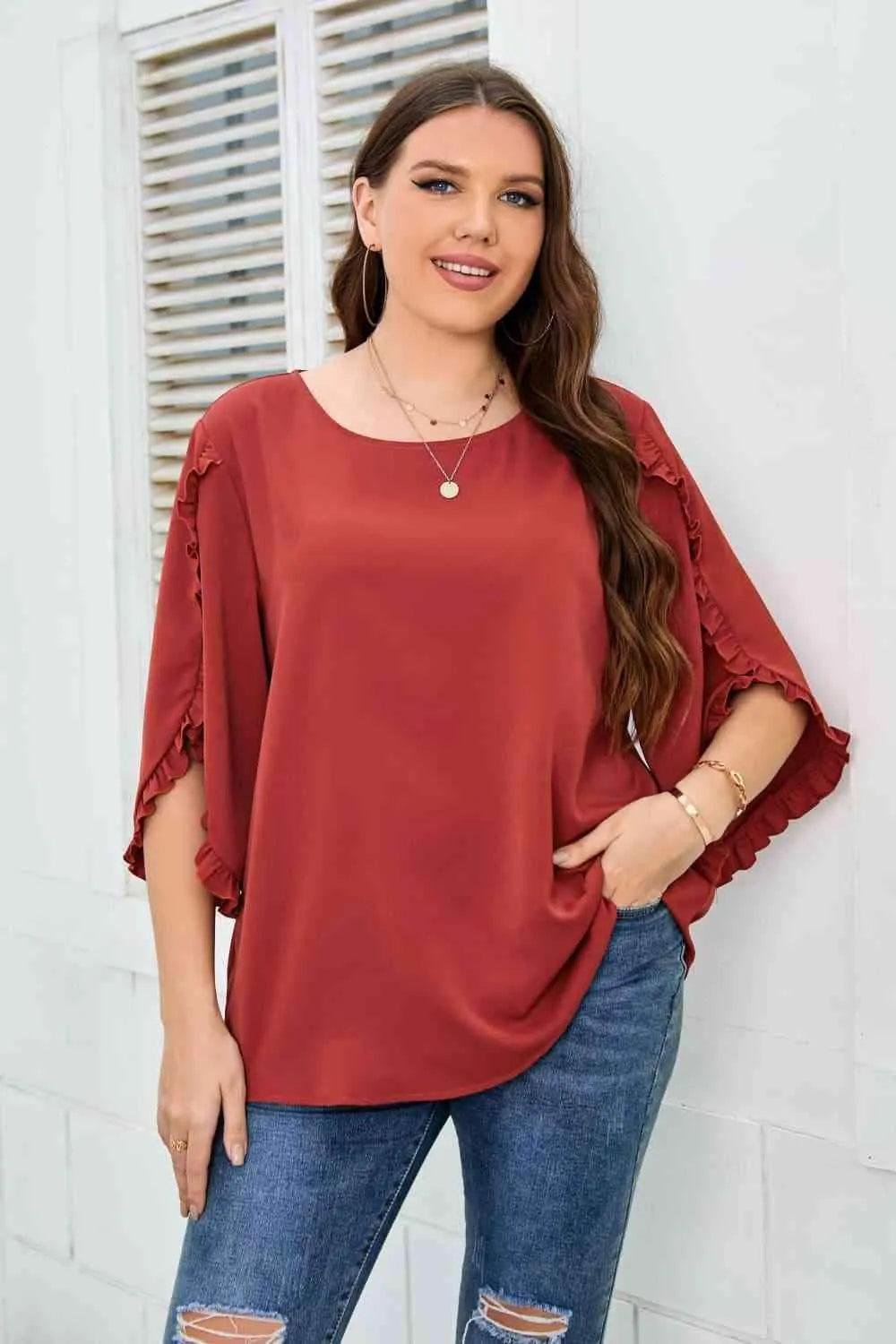 Plus Size Round Neck Frill Trim Blouse Red Orange Blouses - Tophatter Daily Deals