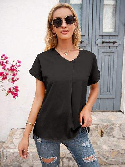 V-Neck Short Sleeve T-Shirt Black Women's T-Shirts - Tophatter Daily Deals