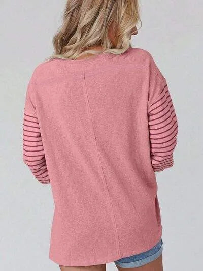 Round Neck Striped Long Sleeve Slit T-Shirt Women's T-Shirts - Tophatter Daily Deals