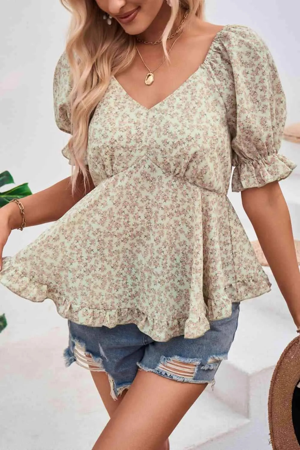 V-Neck Flounce Sleeve Blouse Blouses - Tophatter Daily Deals