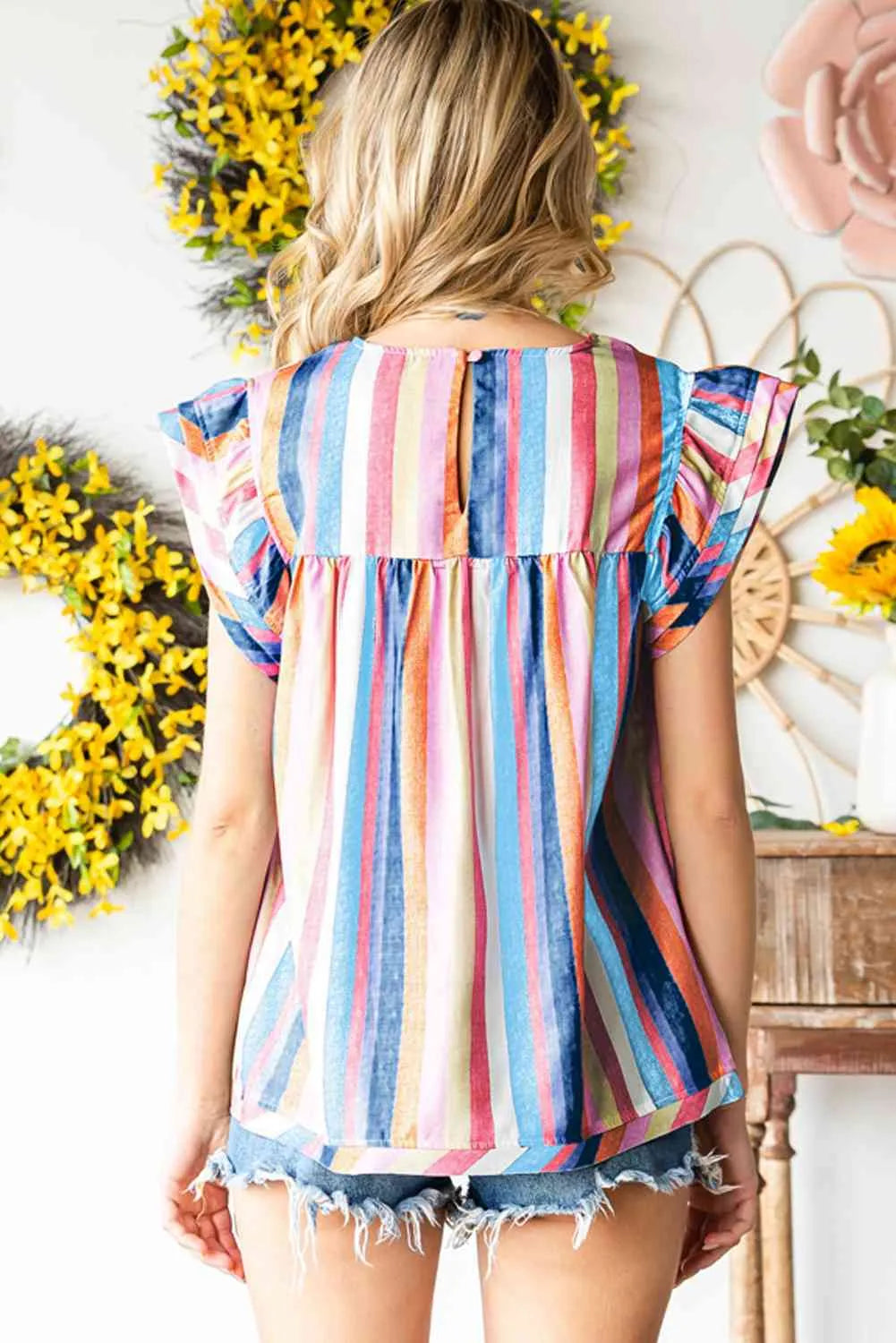 Multicolored Stripe Flutter Sleeve Blouse Blouses - Tophatter Daily Deals