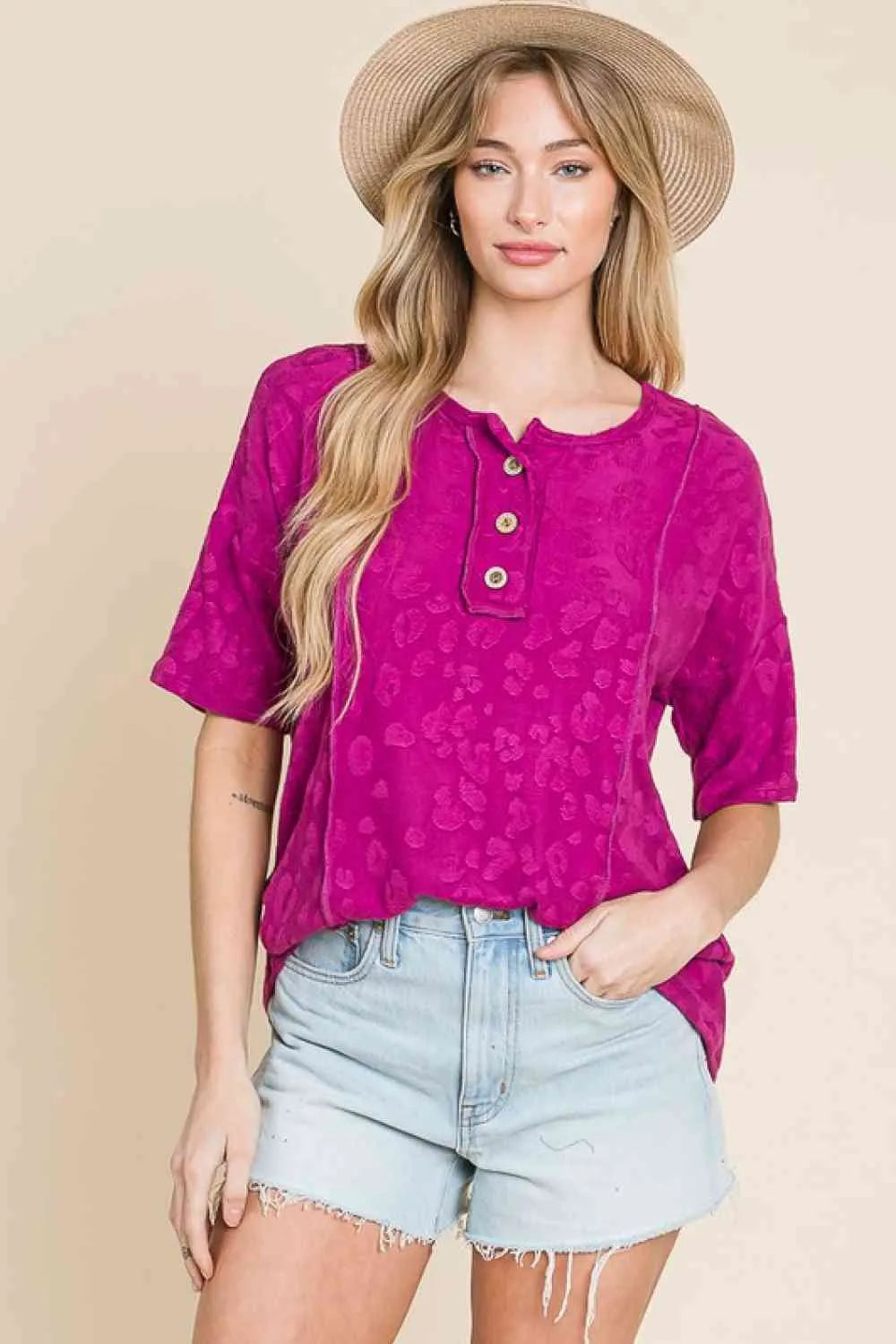 BOMBOM At The Fair Animal Textured Top Magenta Blouses - Tophatter Daily Deals