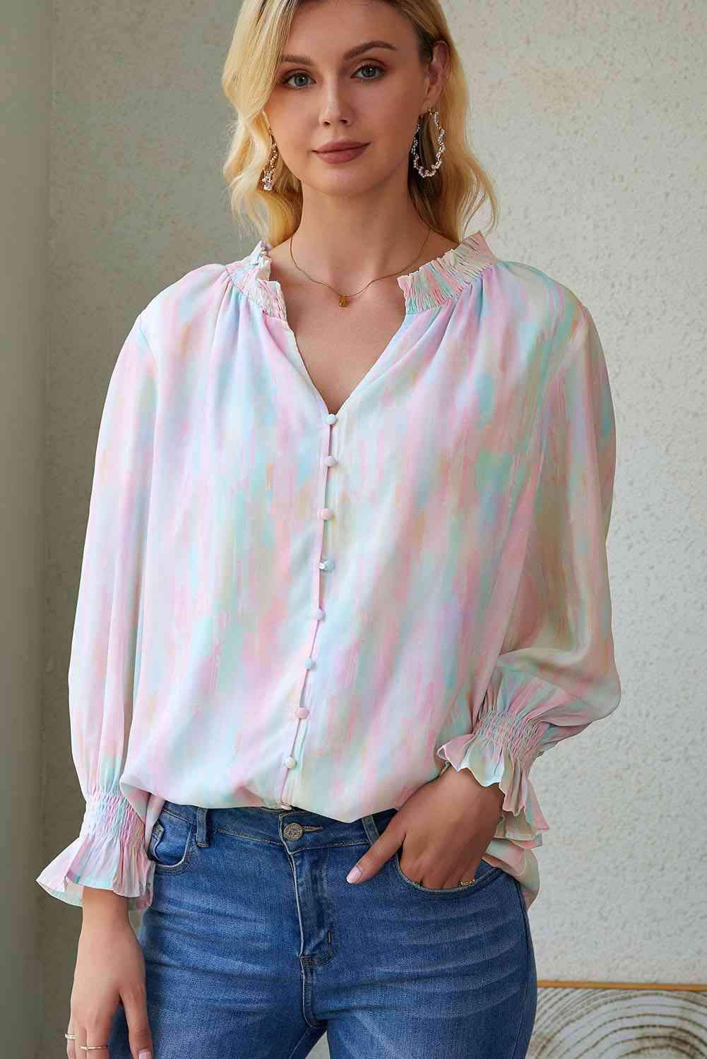 Notched Neck Flounce Sleeve Blouse Multicolor Blouses - Tophatter Daily Deals