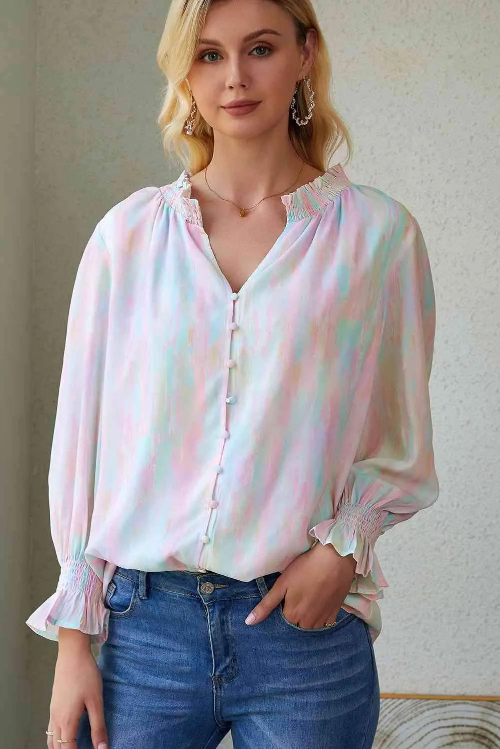 Notched Neck Flounce Sleeve Blouse Multicolor Blouses - Tophatter Daily Deals