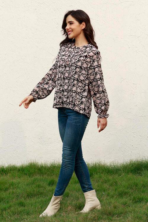 Floral Flounce Sleeve Round Neck Blouse Blouses - Tophatter Daily Deals