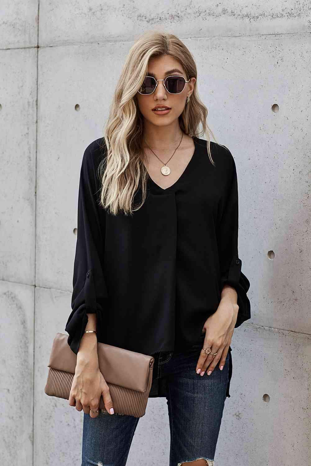 V-Neck Roll-Tab Sleeve Blouse Black Blouses - Tophatter Daily Deals