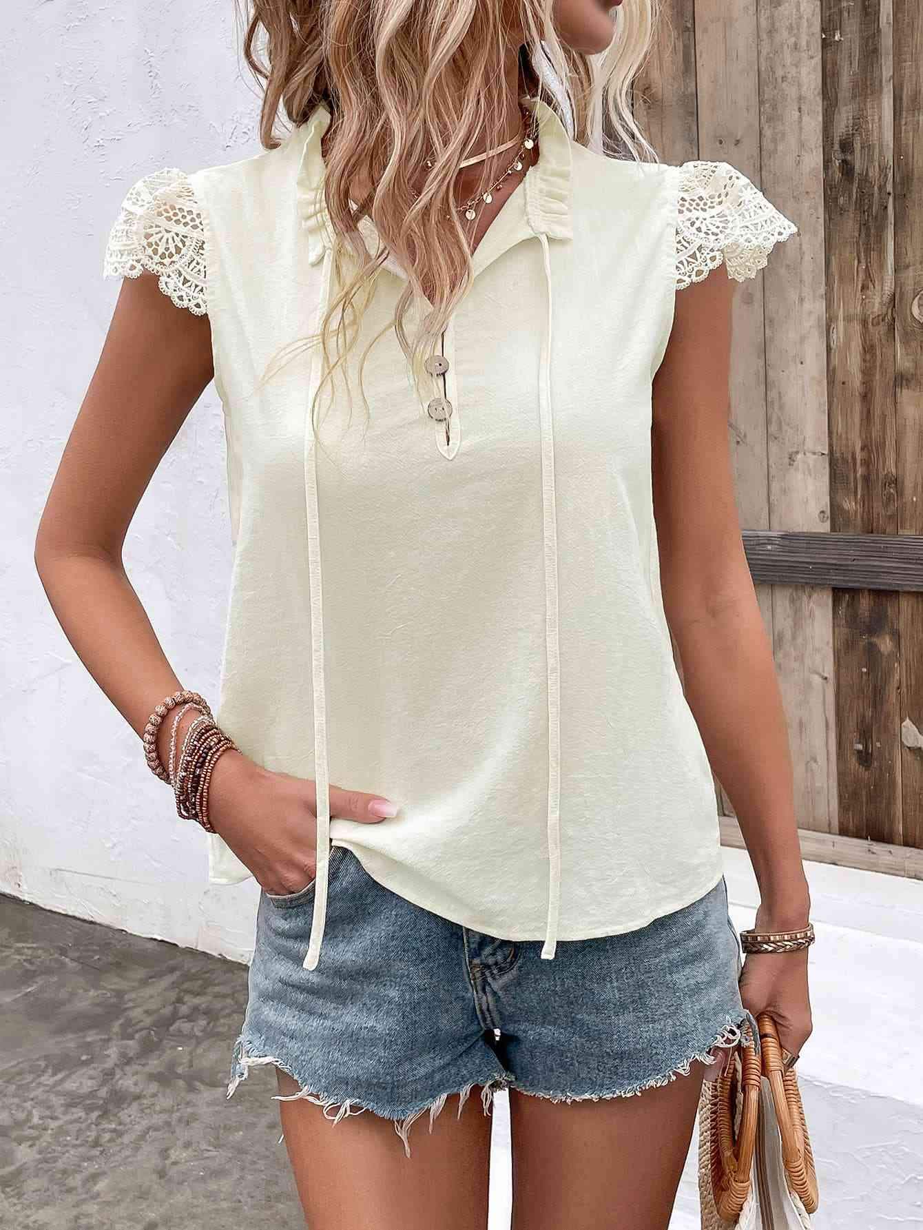 Tie Neck Buttoned Cap Sleeve Blouse Blouses - Tophatter Daily Deals