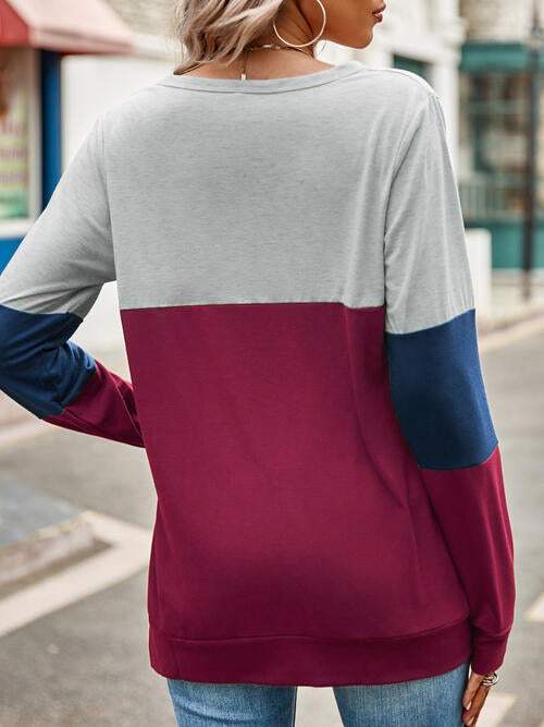 Color Block Cutout Round Neck Long Sleeve T-Shirt Women's T-Shirts - Tophatter Daily Deals